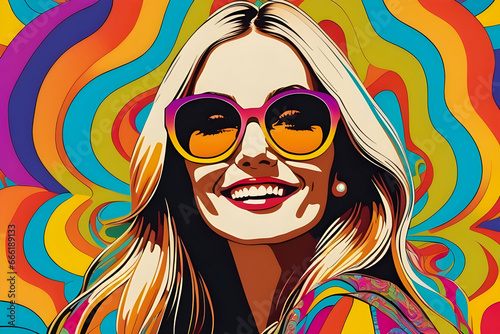 Hippie Woman. Retro 70s 80s fashion, colorful psychedelic abstract wallpaper. Closeup portrait, groovy girl. 
