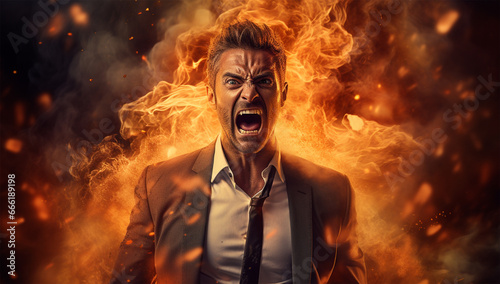 Aggressive businessman screaming in front of a burning building. Fire concept.