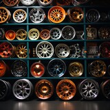 Car rims in the display case and asphalt background are neatly arranged in various shapes and sizes for automotive purposes, modification, industry, inspiration, catalogs, etc. Generative Ai Image