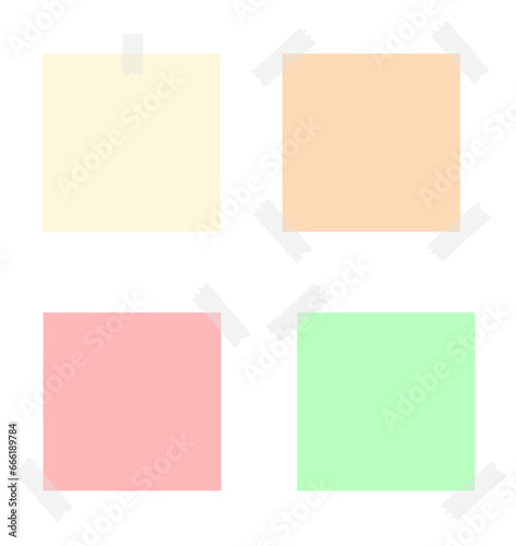 Set of different sticky notes with colored masking tape isolated on background