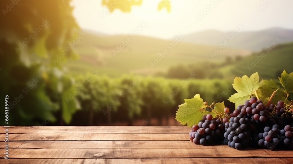 Old wooden table top with blur vineyard and grape background. Wine product tabletop country nature design.