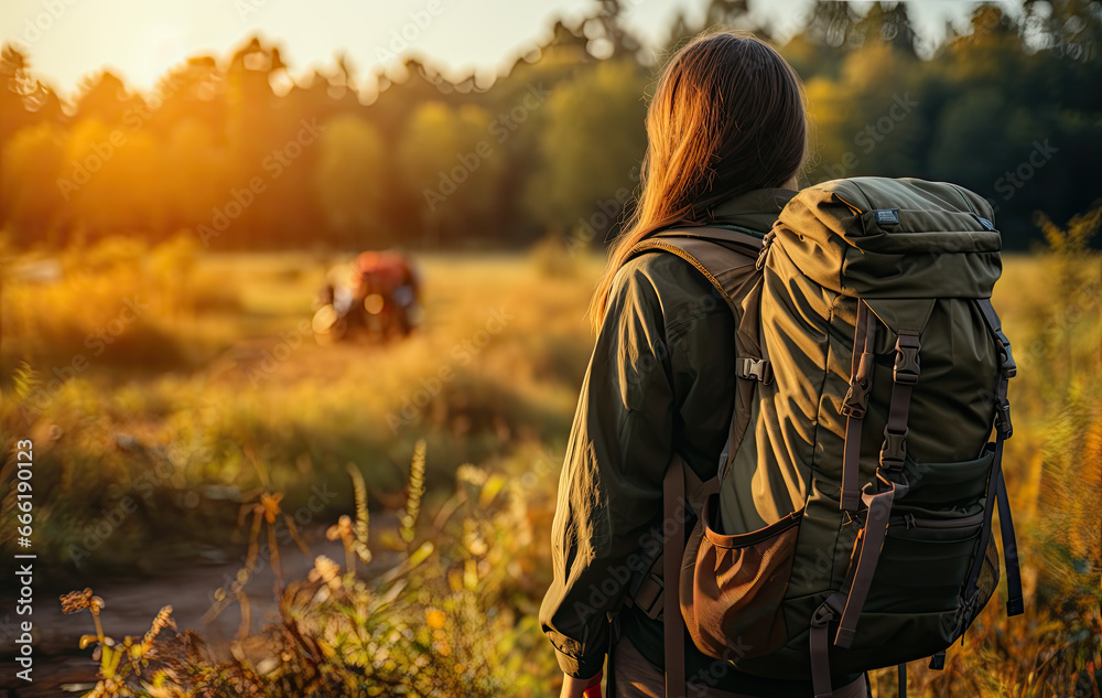 Lonely woman in hiking clothes with a backpack walks across the field towards the forest at sunset Lonely woman in hiking clothes with a backpack walks across the field towards the forest at sunset
