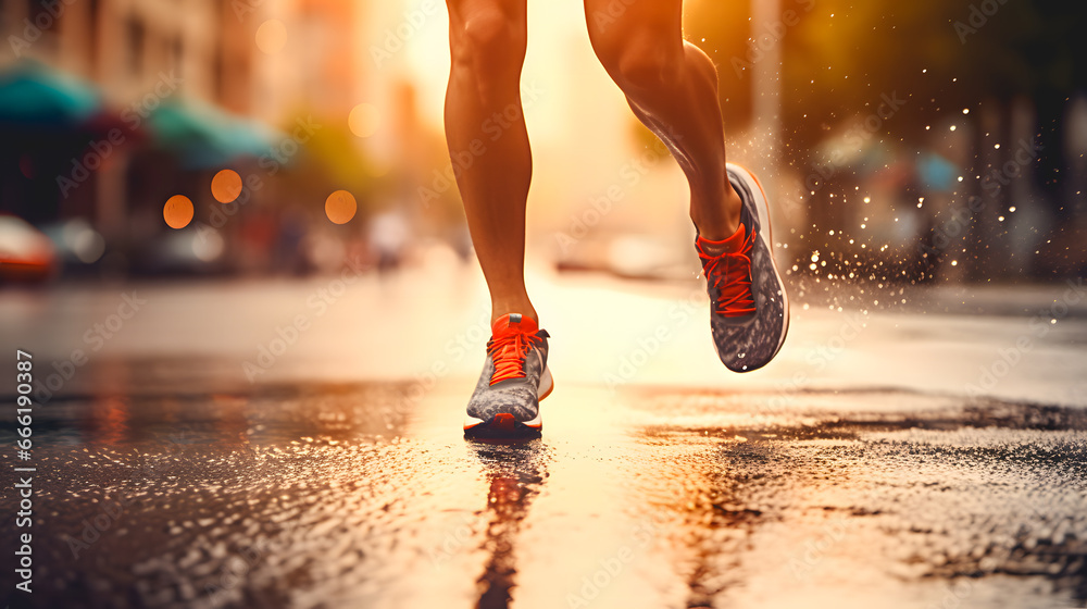 Gros plan sur les jambes d'une athlète en train de courir en ville pendant un marathon. - obrazy, fototapety, plakaty 