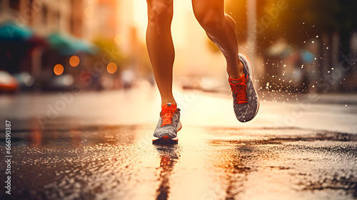 Gros plan sur les jambes d'une athlète en train de courir en ville pendant un marathon. photo