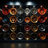 Car rims in the display case and asphalt background are neatly arranged in various shapes and sizes for automotive purposes, modification, industry, inspiration, catalogs, etc. Generative Ai Image
