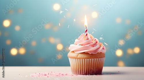 Delectable Birthday Cupcake Adorned with Vibrant Frosting and Candle in Soft Lit Setting
