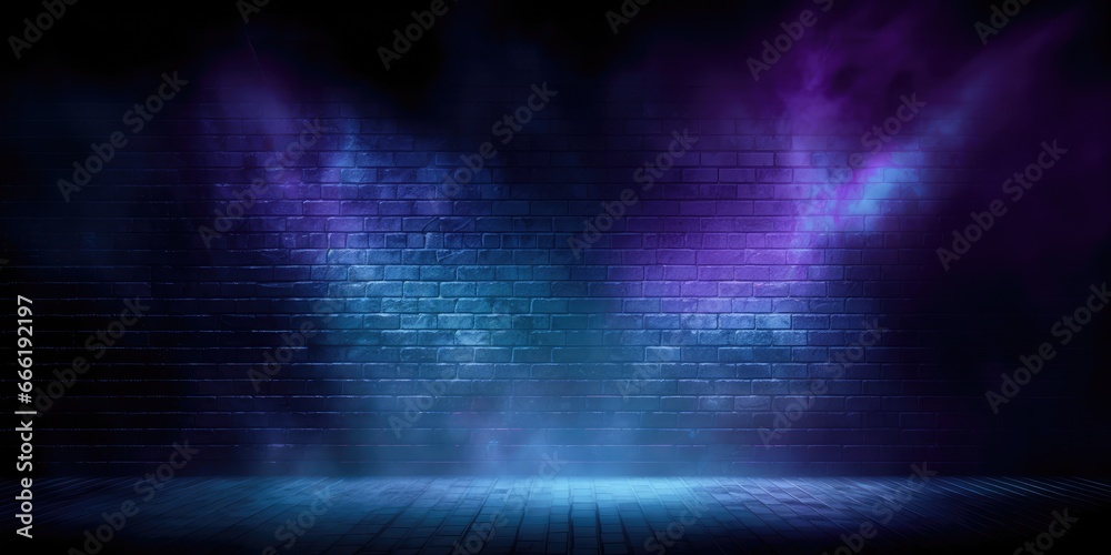 Dark empty brick wall with stage floor and studio room with smoke float up and neon light, spotlights.