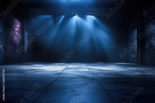 Dark empty floor and studio room with smoke float up and neon light, spotlights, night view. © amankris99
