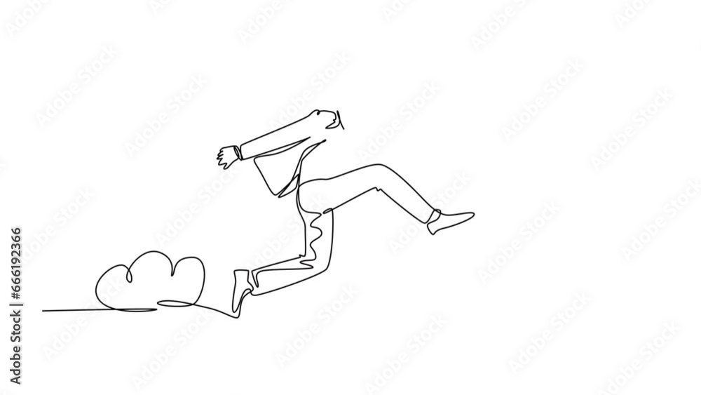 Self drawing animation of single line draw of young happy and energetic business man carrying a briefcase jumping over the cloud. Business agility concept. Continuous line draw. Full length animated Self drawing animation of single line draw of young happy and energetic business man carrying a briefcase jumping over the cloud. Business agility concept. Continuous line draw. Full length animated