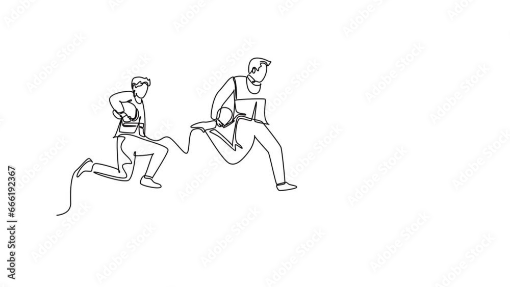 Self drawing animation of single line draw young happy worker construction and architect jumping to reach his business target together. Business team goal. Continuous line draw. Full length animated Self drawing animation of single line draw young happy worker construction and architect jumping to reach his business target together. Business team goal. Continuous line draw. Full length animated