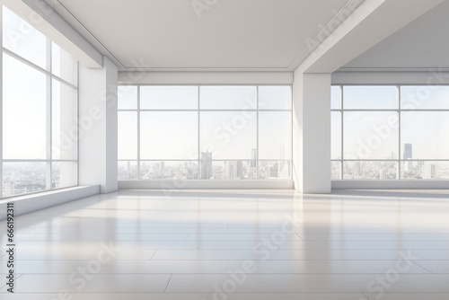 Empty modern room with White interior with big blank wall and big windows.