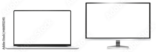 Collection set of Computer monitor and Laptop mockup. Pc template with blank screen. Silver desktop isolated on white transparent background.