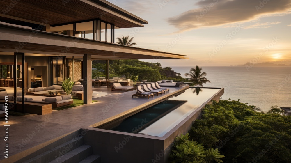 Fototapeta premium Luxury villa perched on a cliff or overlooking a scenic landscape, emphasizing its panoramic windows, balconies, and outdoor viewing points