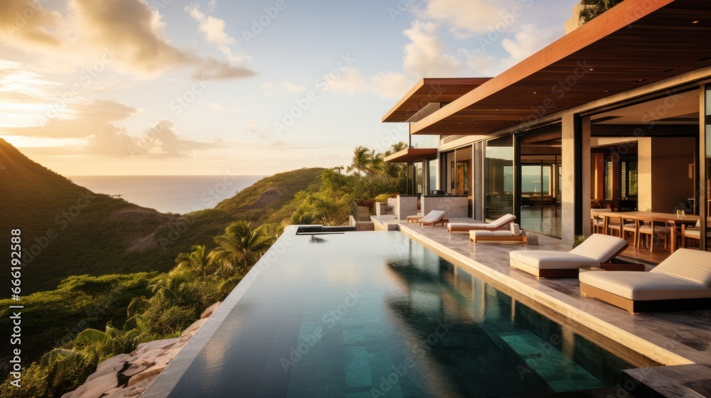 Fototapeta premium Luxury villa perched on a cliff or overlooking a scenic landscape, emphasizing its panoramic windows, balconies, and outdoor viewing points