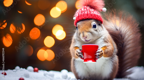 A cheerful cute squirrel in a knitted hat drinks cocoa from a cup against the background of a winter forest with fir trees, snow and colorful lights. Postcard for the New Year holidays.