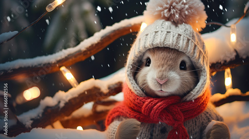A cheerful cute rabbit in a knitted hat against the background of a winter forest with fir trees  snow and colorful lights. Postcard for the New Year holidays.