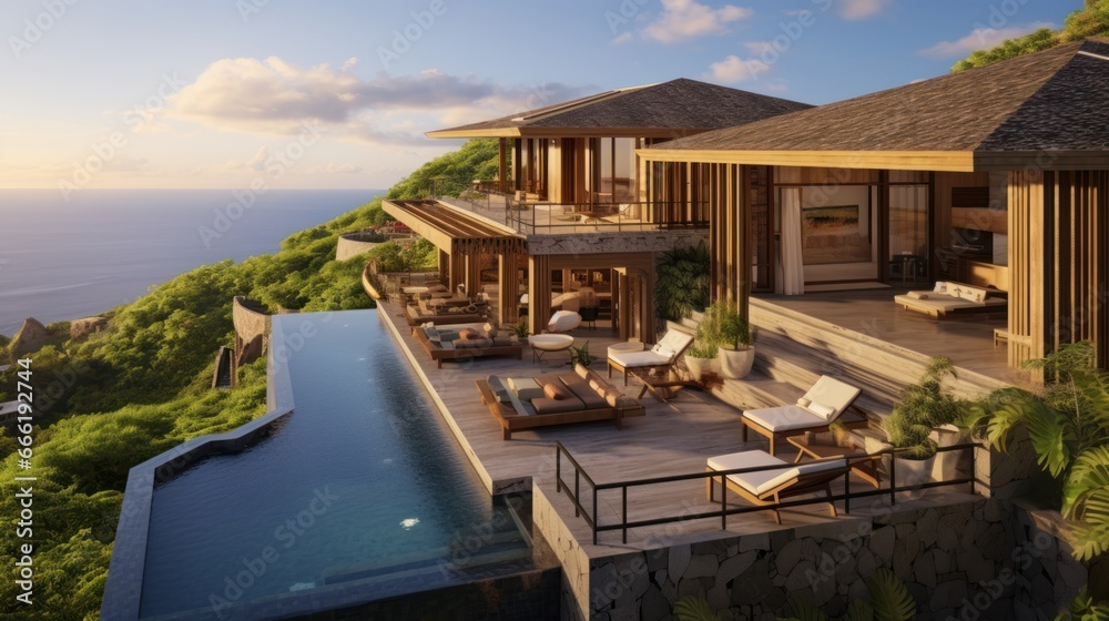 Fototapeta premium Luxury villa perched on a cliff or overlooking a scenic landscape, emphasizing its panoramic windows, balconies, and outdoor viewing points