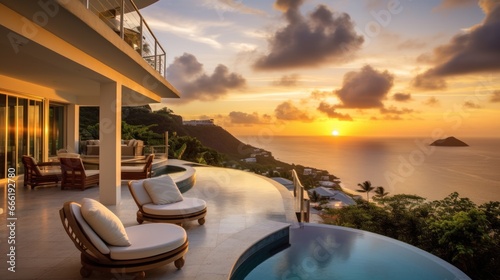 Luxury villa perched on a cliff or overlooking a scenic landscape, emphasizing its panoramic windows, balconies, and outdoor viewing points