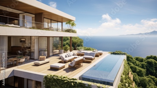 Luxury villa perched on a cliff or overlooking a scenic landscape, emphasizing its panoramic windows, balconies, and outdoor viewing points © Damian Sobczyk
