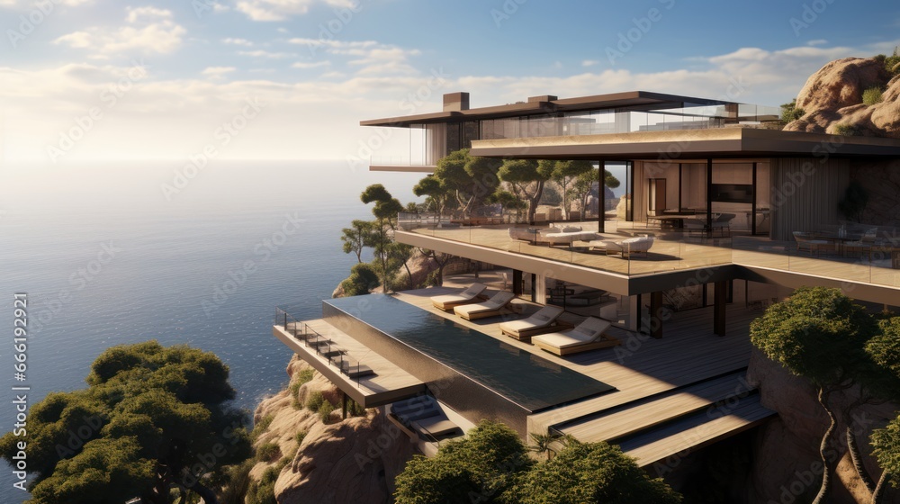 Fototapeta premium Luxury villa perched on a cliff or overlooking a scenic landscape, emphasizing its panoramic windows, balconies, and outdoor viewing points