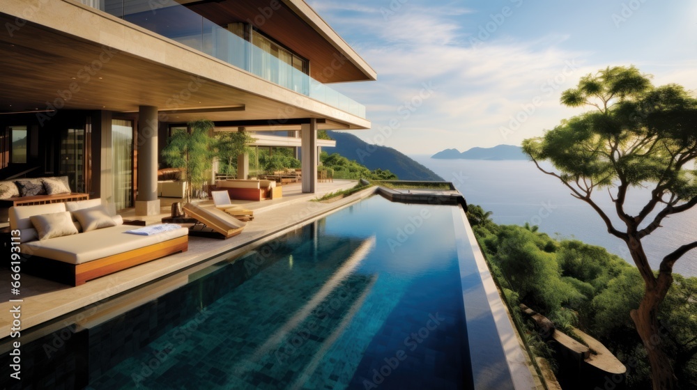 Fototapeta premium Luxury villa perched on a cliff or overlooking a scenic landscape, emphasizing its panoramic windows, balconies, and outdoor viewing points