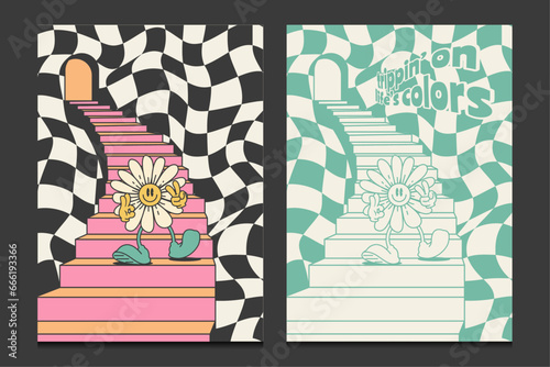 groovy 70s posters with funny flower characters, retro wall art, vector illustration