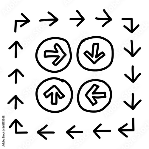Hand drawn arrows moving clockwise in square. Vector black bold line illustration isolated on white background.