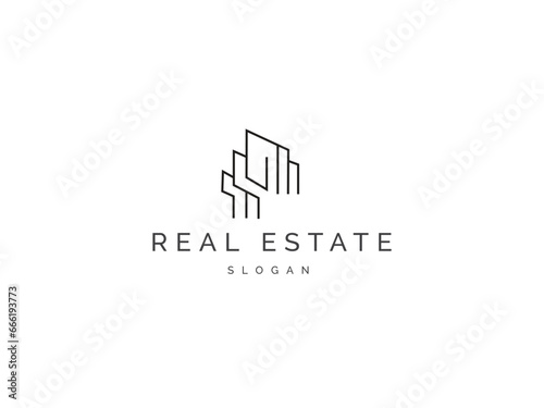 Real estate logo simple line art style on white background. Creative House icon Roof Construction, company, business flat vector design element.