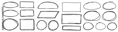 Handdrawn doodle grunge circle and square highlights. Charcoal pen round ovals. Marker scratch scribble inrounder. Round scrawl frames. Vector illustration of freehand painted circular note