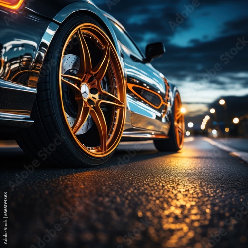 Car rims in the display case and asphalt background are neatly arranged in various shapes and sizes for automotive purposes  modification  industry  inspiration  catalogs  etc. Generative Ai Image