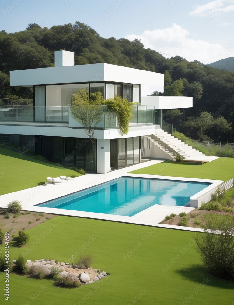 Fototapeta premium A modern luxury duplex house with a flower garden 