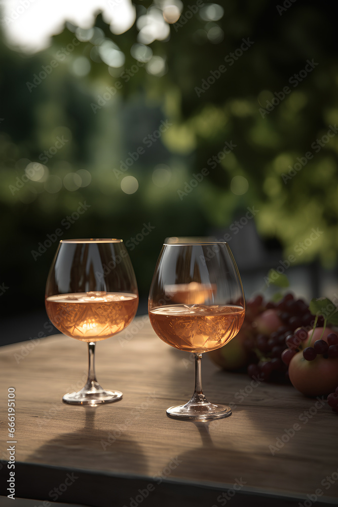 Cognac in the glasses on the table outdoors on background of winery yard Cognac in the glasses on the table outdoors on background of winery yard