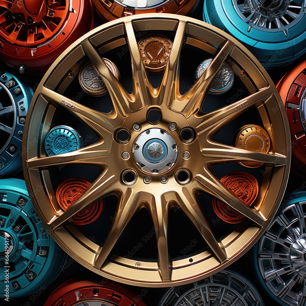 Car rims in the display case and asphalt background are neatly arranged ...