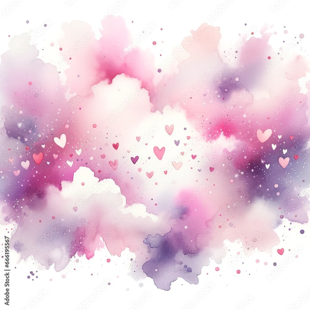 A dreamy watercolor wash in delicate pinks and purples, beautifully adorned with floating heart confetti, crafting the perfect ambiance for Valentine's Day celebrations.