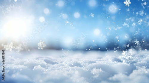 Natural winter Christmas background with blue sky and snowflakes © mashimara