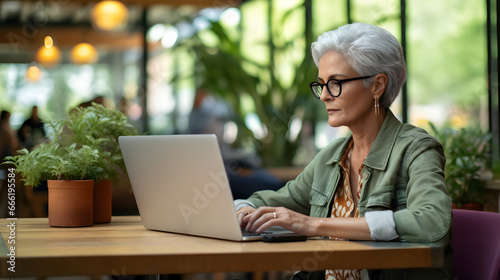 Elderly lady working at her computer laptop in a coworking or at a cafe
