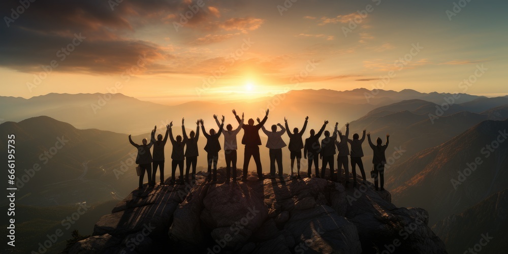 Teamwork success victory concept. Silhouette of the team on top of mountain. Leadership Concept. AI Generative - obrazy, fototapety, plakaty 