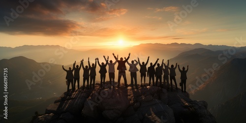 Teamwork success victory concept. Silhouette of the team on top of mountain. Leadership Concept. AI Generative