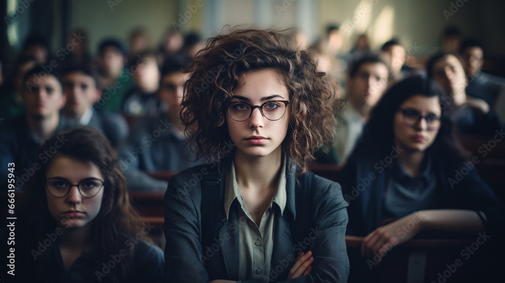 Portrait of handsome curly haired young beautiful student in glasses looking at the camera, Ai Generation Portrait of handsome curly haired young beautiful student in glasses looking at the camera, Ai Generation