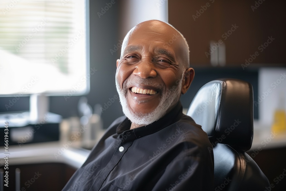 Photo of a smiling mature African American man sitting in a chair in a dental office. He is waiting for the dentist for an oral procedure. Teeth whitening concept. Photo of a smiling mature African American man sitting in a chair in a dental office. He is waiting for the dentist for an oral procedure. Teeth whitening concept.