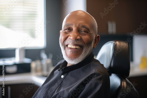 Photo of a smiling mature African American man sitting in a chair in a dental office. He is waiting for the dentist for an oral procedure. Teeth whitening concept.