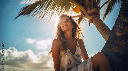 Summer vacation on a tropical island. Young woman in the sunlight near a palm tree against the blue sky.  © dinastya
