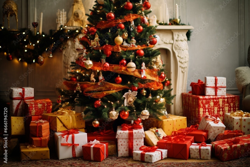 Numerous Christmas presents under the Christmas tree. Generative AI