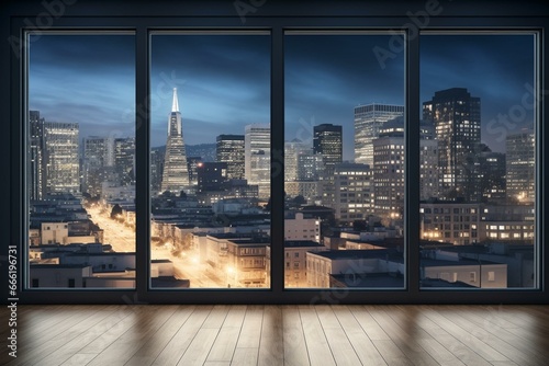 Cityscape view of San Francisco's downtown skyline from a high rise window at night, showcasing beautiful expensive real estate. The empty room interior features a mockup wall. 3D. Generative AI
