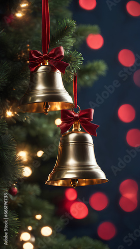two Christmas bells on a Christmas tree, on a navy blue background whit red light. Generated by AI