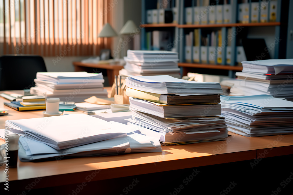 Many documents on a wooden table in the office. Congestion at work. Stack of papers. Many documents on a wooden table in the office. Congestion at work. Stack of papers.