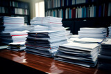 Many documents on a wooden table in the office. Congestion at work. Stack of papers.