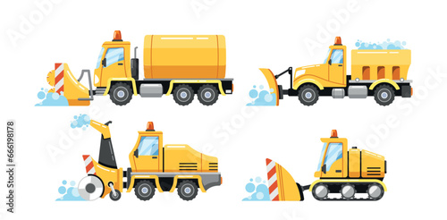 Heavy Snowplow Transport Maintaining Safe Road Conditions During Winter Storms. Truck-mounted Plows, Graders