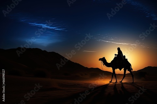 a silhouette of an arab man riding a camel in desert with sun in background