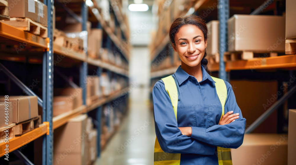 Smiling employee at warehouse with arms crossed. Smiling employee at warehouse with arms crossed.